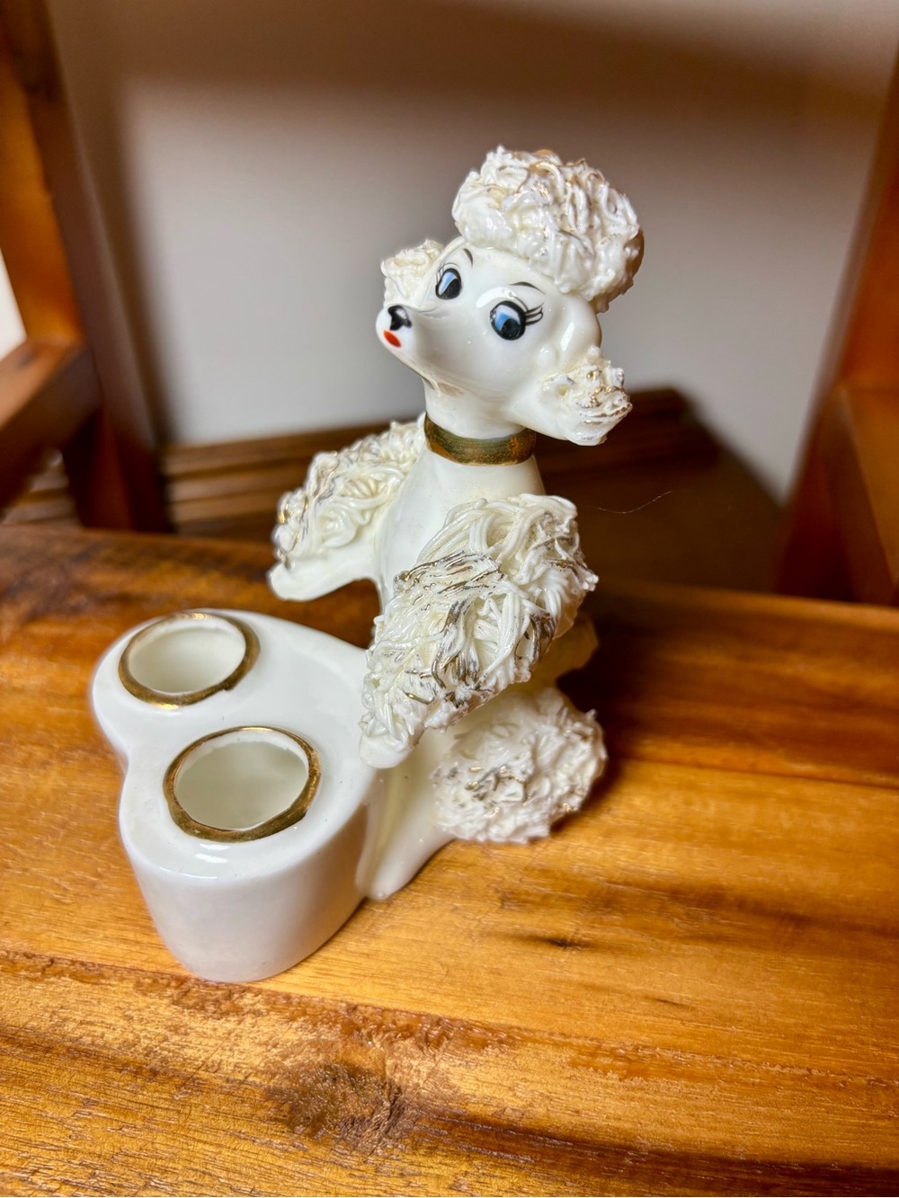 Kitschy Spaghetti White Poodle lipstick holder gold 1950s vintage whimsy MCM